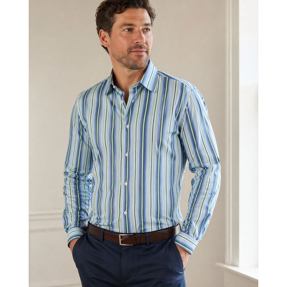 Gap Fitted Premium Mens M 15-15 1/2 Blue Green Striped Long Sleeve Button Up U